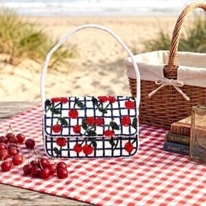 NWT Viral Hand-Beaded White Blue Checker Cherry Girl Coquette Y2K Shoulder Purse